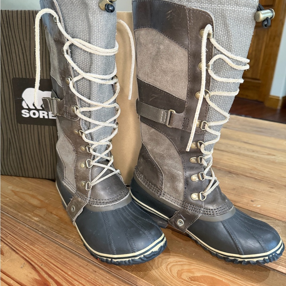 Sorel Brown and Gray Tall Lace-Up Waterproof Winter Boots